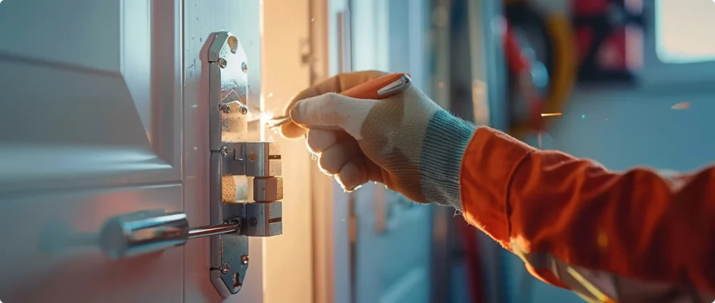 Ręka w rękawiczce przekręca klucz w jasno oświetlonym zamku drzwiowym, sugerując precyzję i skupienie. Iskry lecą, pokazując ruch i energię w bezpiecznym otoczeniu.